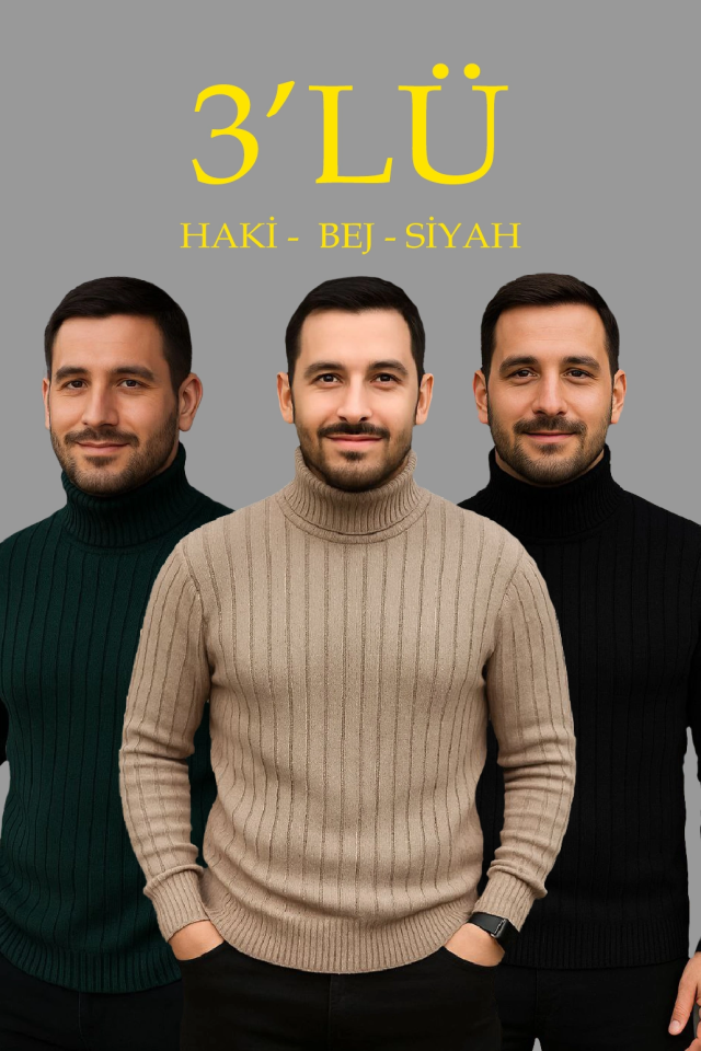 Men's Ribbed Knit Sweater 3-Piece Set Beige Khaki Black Regular Turtleneck Full Neck Knit Set Sweater Model