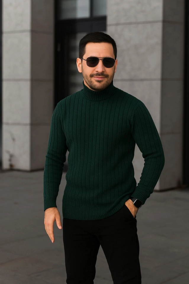 Erkek Fitilli Triko Kazak 3lÜ Set Bej Haki Siyah Regular Balıkcı Yaka Tam Boğazlı Triko Seti Modeli Kazak