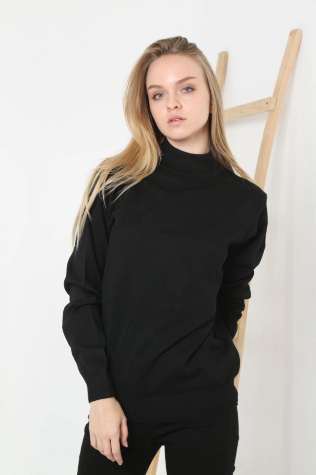 Half Turtleneck Knit Sweater Soft Textured Cotton Thin Weave, Long Sleeve Comfortable Regular Fit - Black
