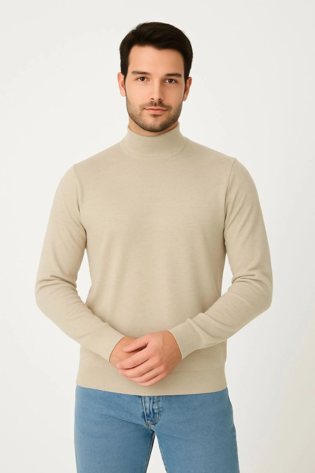 Men's Half Turtleneck Knit Sweater Soft Textured Cotton Thin Weave, Long Sleeve Comfortable Regular Fit - Beige