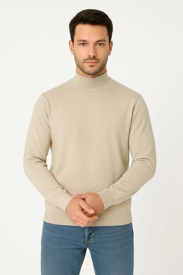 Men's Half Turtleneck Knit Sweater Soft Textured Cotton Thin Weave, Long Sleeve Comfortable Regular Fit - Beige