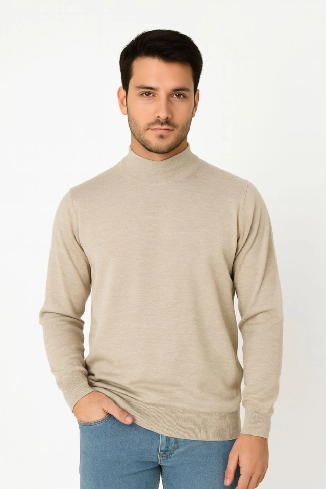 Men's Half Turtleneck Knit Sweater Soft Textured Cotton Thin Weave, Long Sleeve Comfortable Regular Fit - Beige