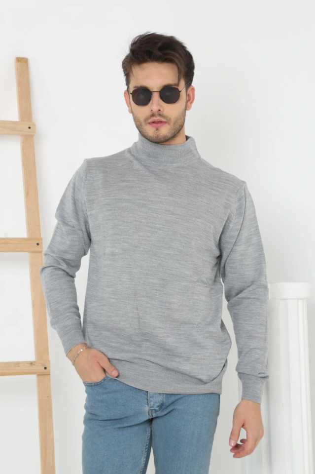 Men's Half Turtleneck Knit Sweater Soft Textured Cotton Thin Weave, Long Sleeve Comfortable Regular Fit - Gray