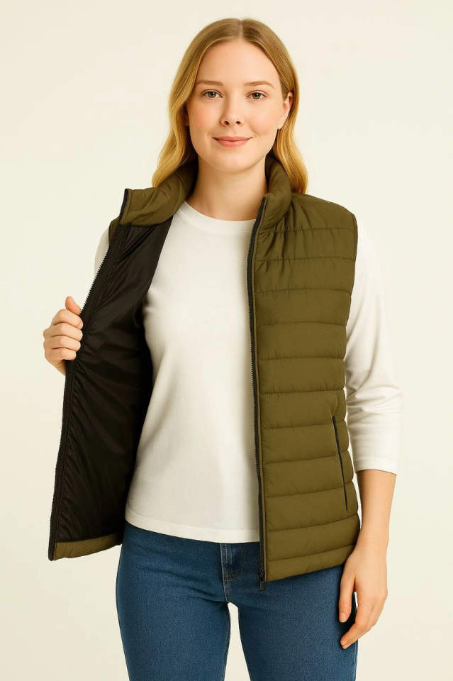 Puffer Zippered Vest Water-Repellent Quilted Lined Fabric with Pockets Lightweight Winter Sports Casual Fit - Khaki