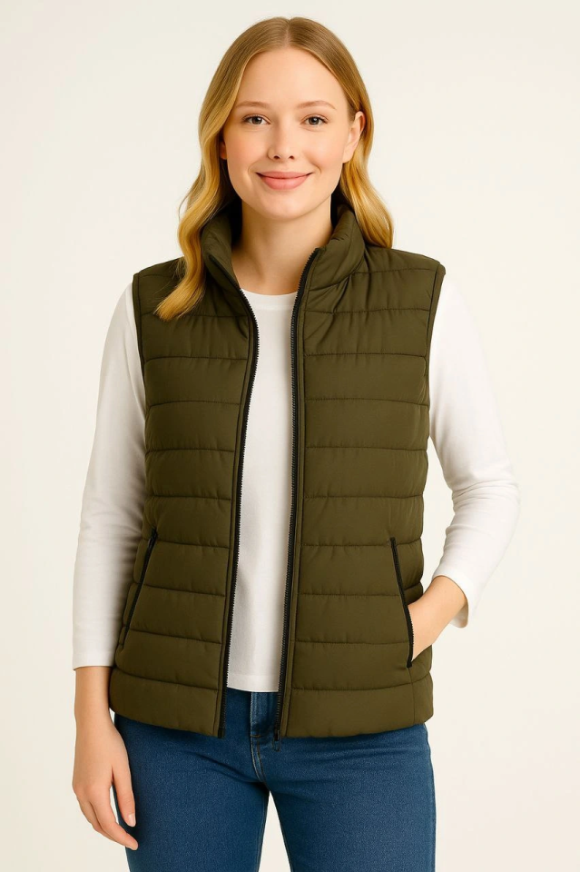 Puffer Zippered Vest Water-Repellent Quilted Lined Fabric with Pockets Lightweight Winter Sports Casual Fit - Khaki