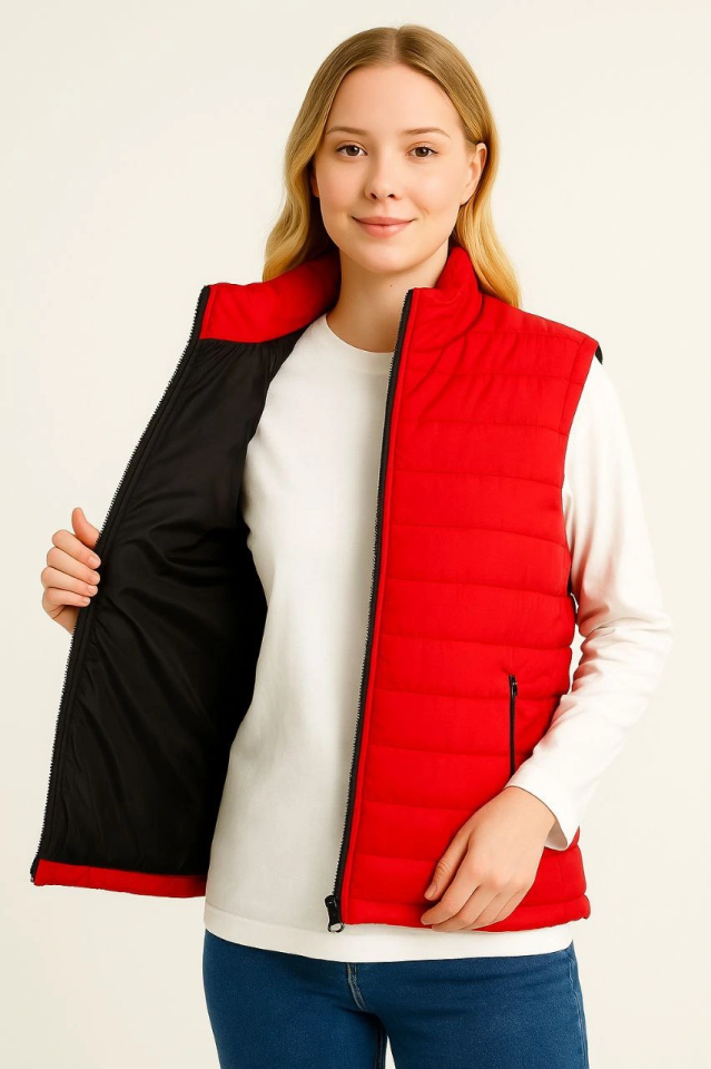 Puffer Zippered Vest Water-Repellent Quilted Lined Fabric with Pockets Lightweight Winter Sports Casual Fit - Red