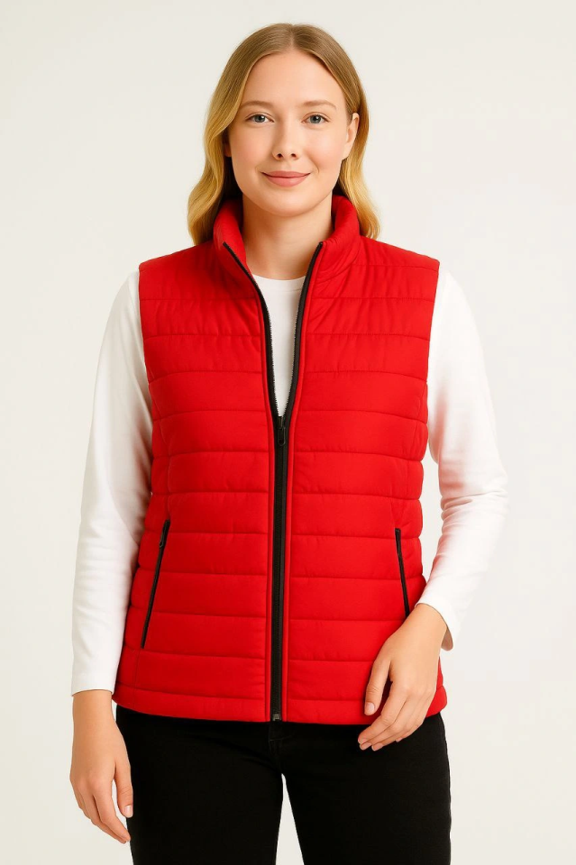 Puffer Zippered Vest Water-Repellent Quilted Lined Fabric with Pockets Lightweight Winter Sports Casual Fit - Red