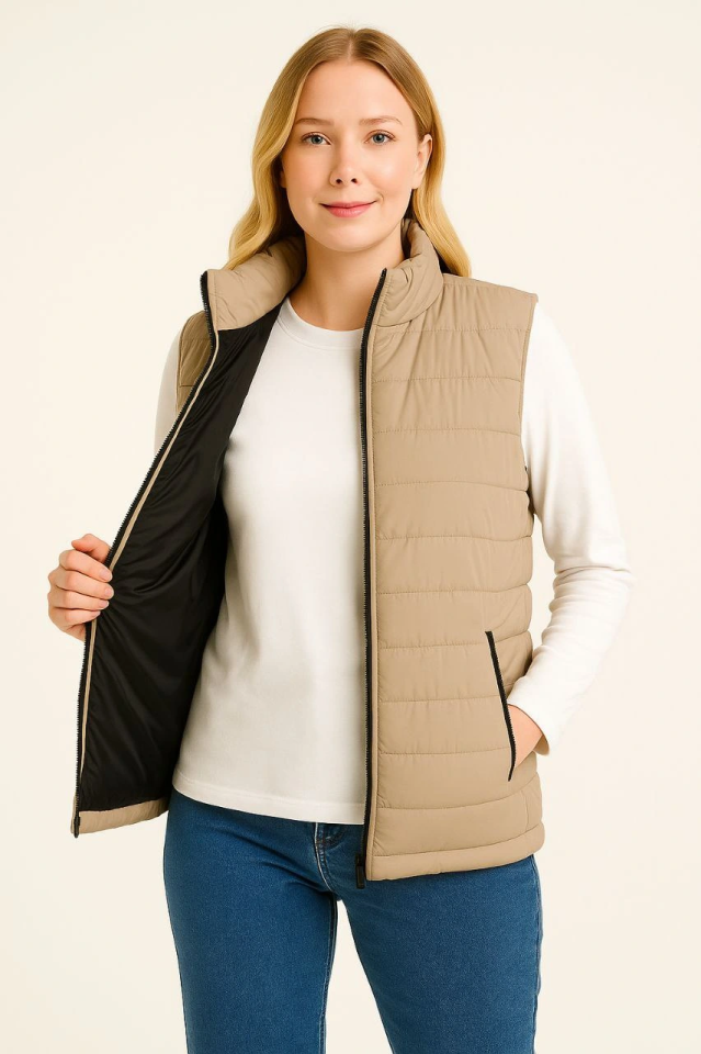 Puffer Zippered Vest Water-Repellent Quilted Lined Fabric with Pockets Lightweight Winter Sports Casual Fit - Beige