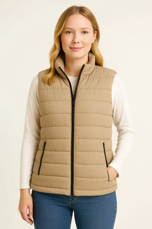 Puffer Zippered Vest Water-Repellent Quilted Lined Fabric with Pockets Lightweight Winter Sports Casual Fit - Beige