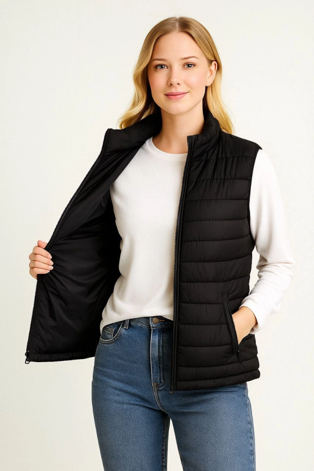 Puffer Zippered Vest Water-Repellent Quilted Lined Fabric with Pockets Lightweight Winter Sports Casual Fit - Black