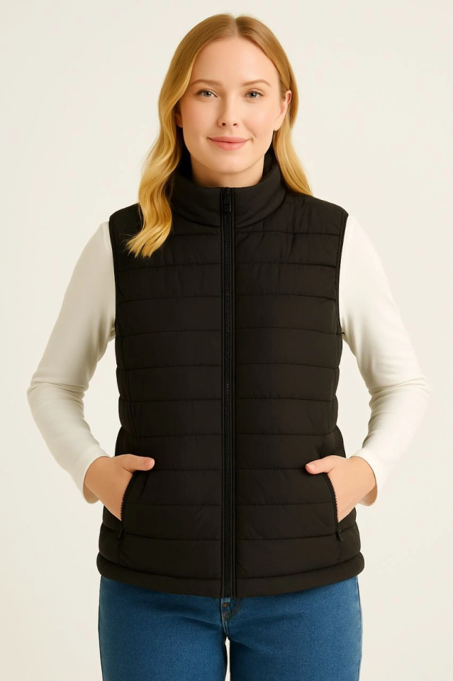 Puffer Zippered Vest Water-Repellent Quilted Lined Fabric with Pockets Lightweight Winter Sports Casual Fit - Black