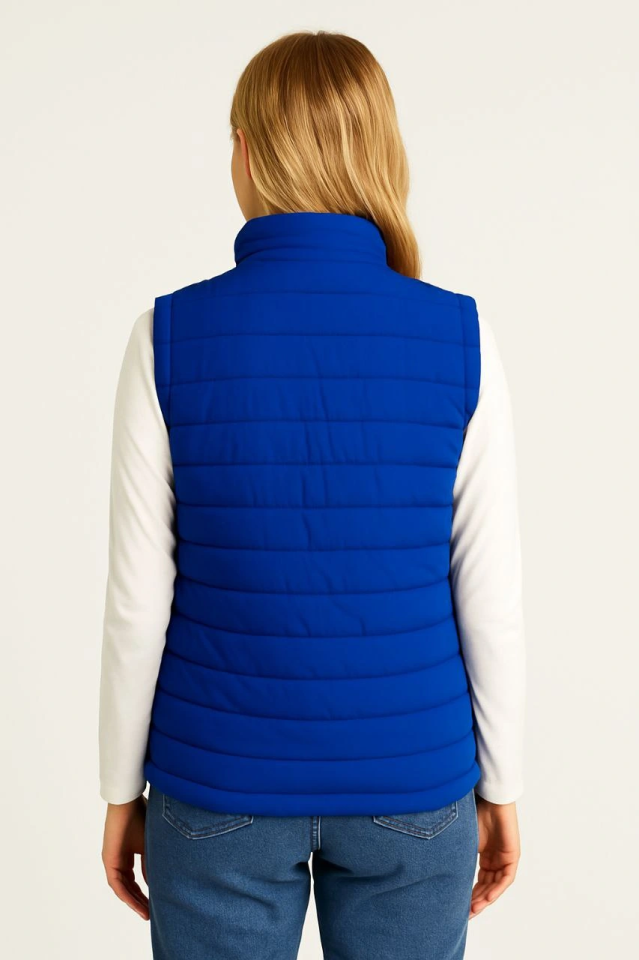 Şişme Fermuarlı Yelek Su Itici Kapitone Astarlı Kumaş Cepli Hafif Kışlık Spor Rahat Kalıp - Saks Mavisi