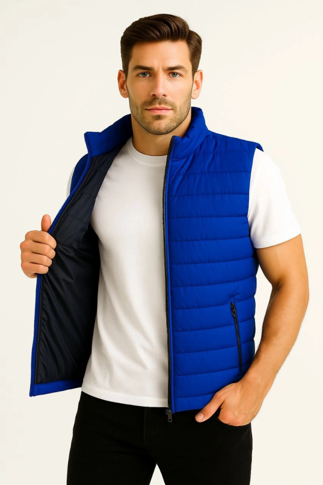 Men's Puffer Zippered Vest Water-Repellent Quilted Lined Fabric with Pockets Lightweight Winter Sports Casual Fit - Sapphire Blue