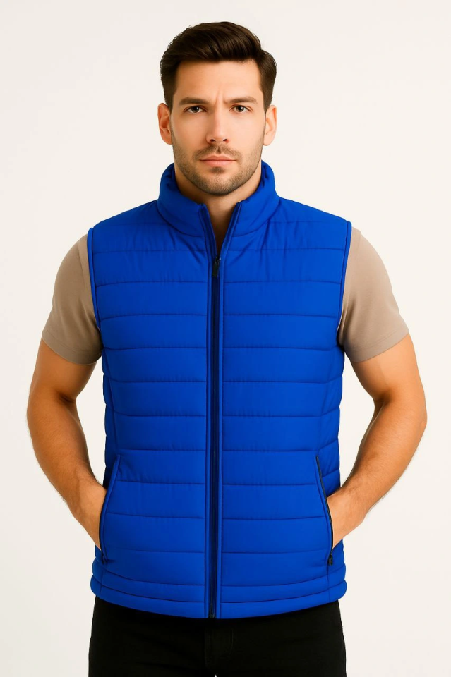 Men's Puffer Zippered Vest Water-Repellent Quilted Lined Fabric with Pockets Lightweight Winter Sports Casual Fit - Sapphire Blue