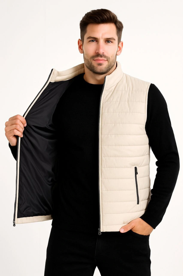Men's Puffer Zippered Vest Water-Repellent Quilted Lined Fabric with Pockets Lightweight Winter Sports Casual Fit - Beige