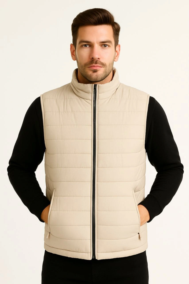 Men's Puffer Zippered Vest Water-Repellent Quilted Lined Fabric with Pockets Lightweight Winter Sports Casual Fit - Beige