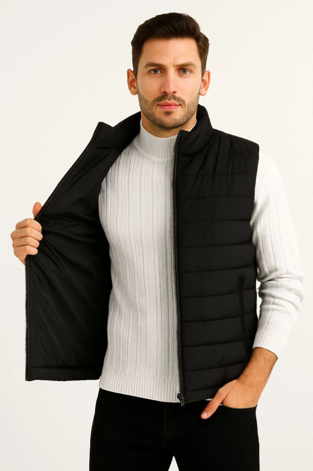 Men's Puffer Zippered Vest Water-Repellent Quilted Lined Fabric with Pockets Lightweight Winter Sports Casual Fit - Black