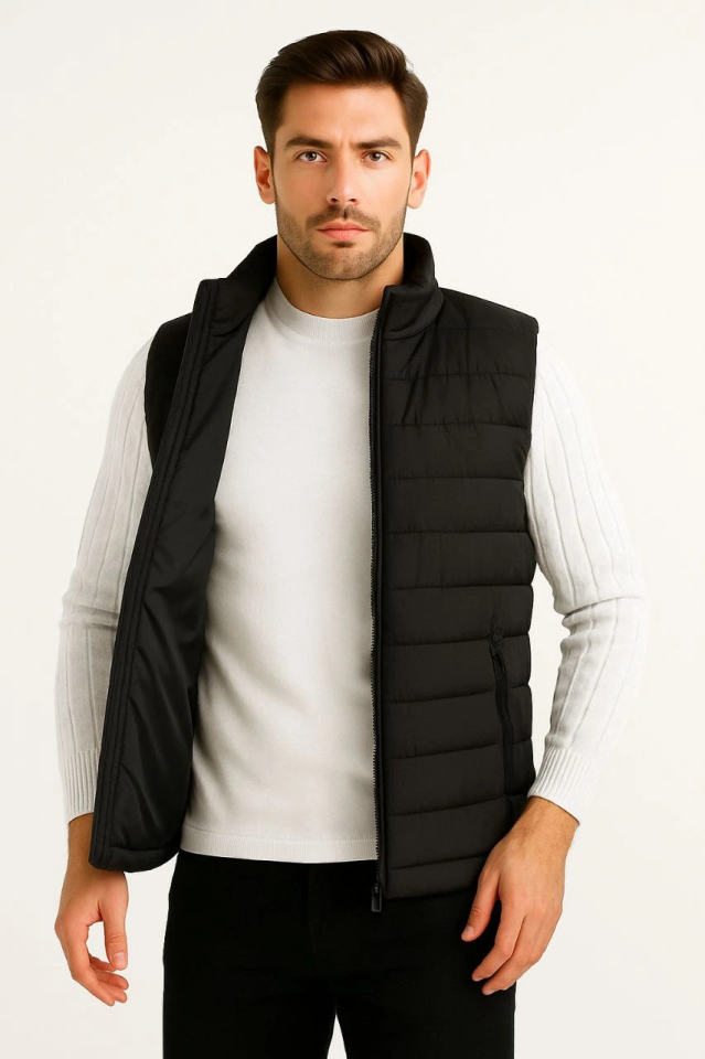Men's Puffer Zippered Vest Water-Repellent Quilted Lined Fabric with Pockets Lightweight Winter Sports Casual Fit - Black