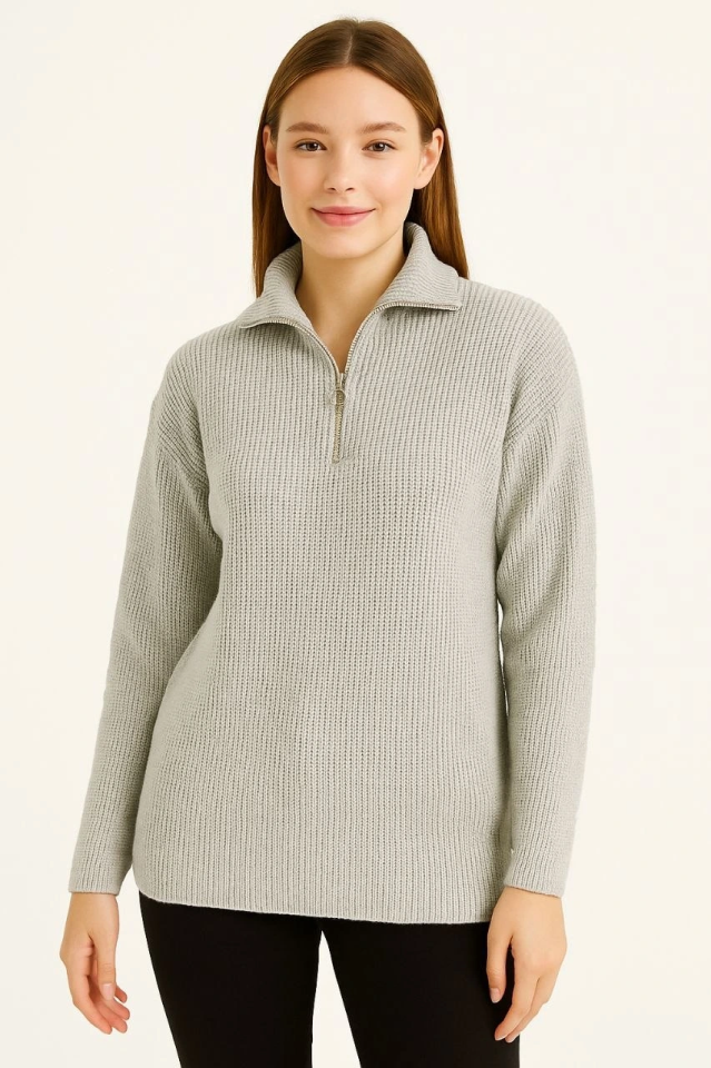 KADIN Yarım Fermuarlı Triko Kazak – Selanik Örgü, Dik Yaka, Pamuklu Dokuma, Regular Fit Uzun Kollu Kışlık Model - Gri