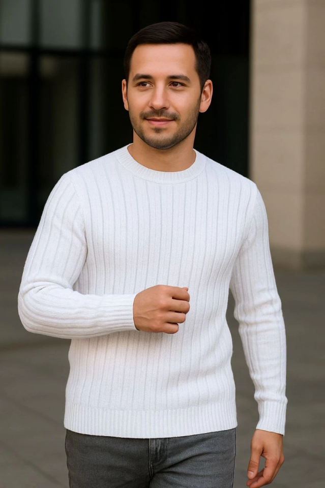 Erkek Fitilli Triko Kazak 3lü Set Beyaz Bordo Siyah Regular Fit Bisiklet Yaka Triko Seti