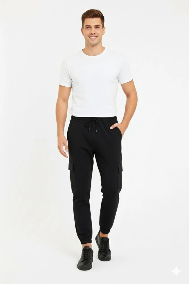 Men's Black Jogger Sweatpants Comfortable Fit, Cargo Pockets, Elastic Cuffs, Daily Sports Pants - Black