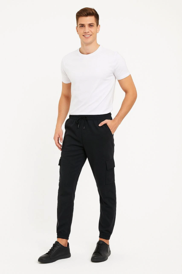 Men's Black Jogger Sweatpants Comfortable Fit, Cargo Pockets, Elastic Cuffs, Daily Sports Pants - Black