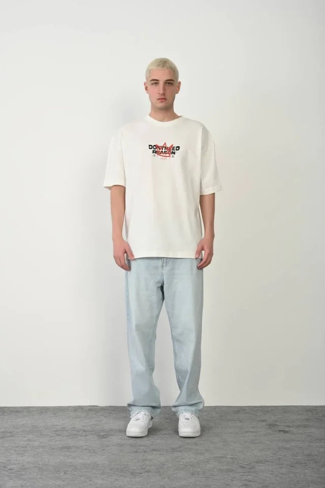 Unisex Crew Neck Printed Oversize T-Shirt - White