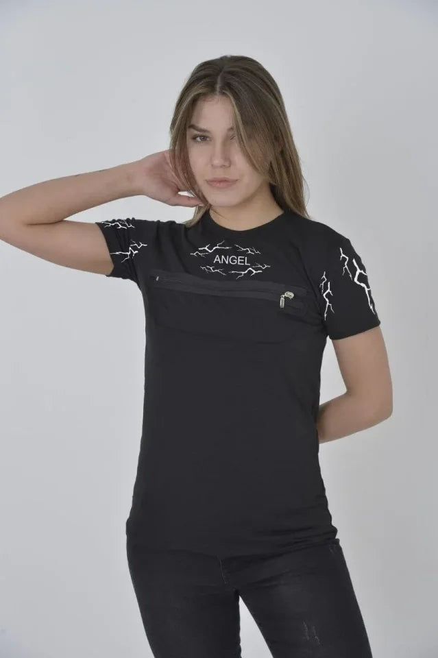 Unisex Chest Zip Printed T-Shirt - Black