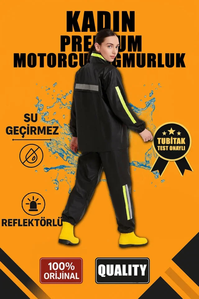 Premium Motorcyclist Courier Raincoat Set Waterproof PVC Fabric Reflective TÜBİTAK Approved - Black