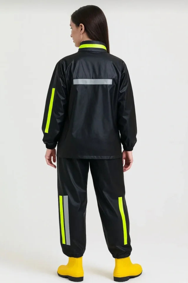 Premium Motorcyclist Courier Raincoat Set Waterproof PVC Fabric Reflective TÜBİTAK Approved - Black