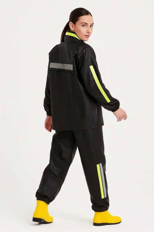 Premium Motorcyclist Courier Raincoat Set Waterproof PVC Fabric Reflective TÜBİTAK Approved - Black
