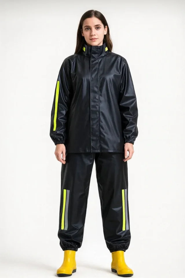 Premium Motorcyclist Courier Raincoat Set Waterproof PVC Fabric Reflective TÜBİTAK Approved - Black