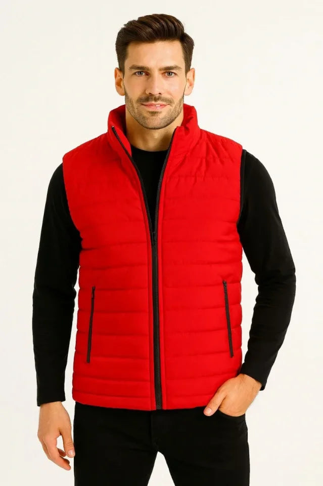 Men's Quilted Puffer Zippered Vest Water-Repellent Quilted Lined Fabric with Pockets Lightweight Winter Sport Casual Fit - Red