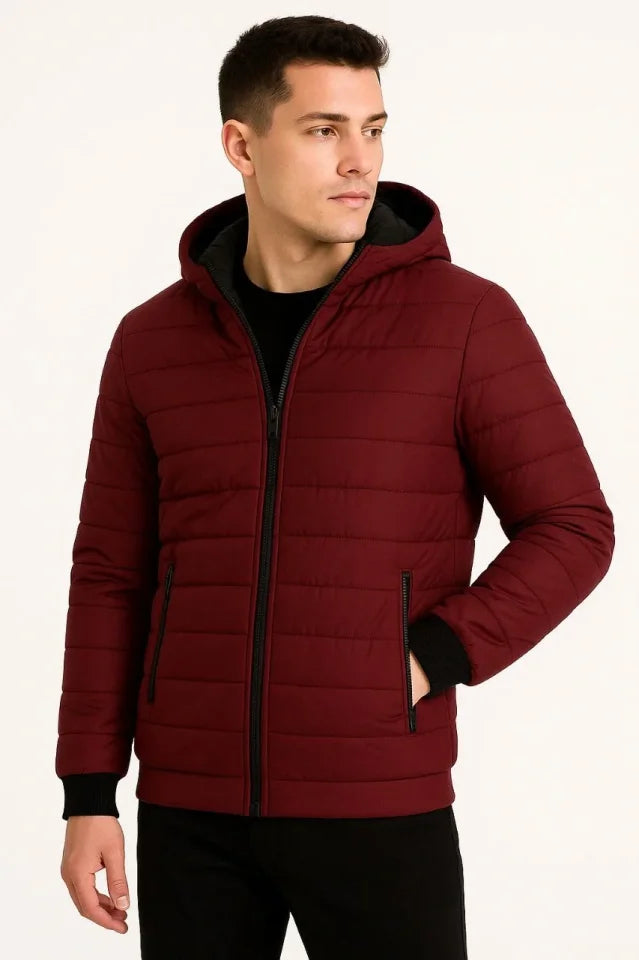 Erkek Şişme Kapüşonlu Fermuarlı Mont Su Itici Kapitone Astarlı Kumaş Cepli Kışlık Rahat Kalıp - Bordo