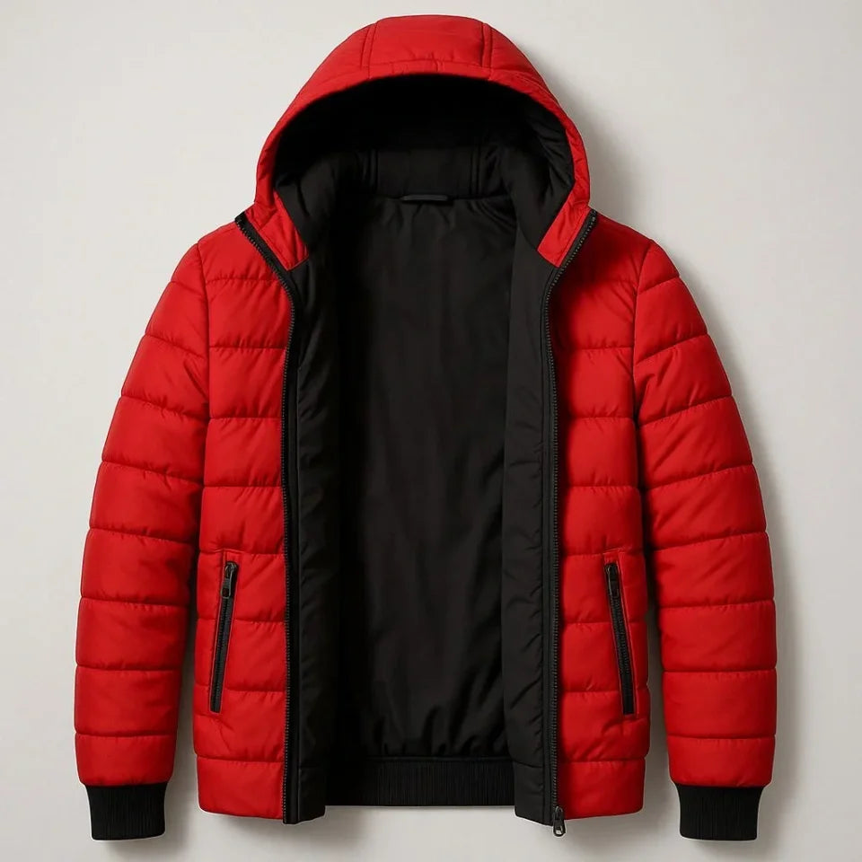 Puffer Hooded Zippered Jacket Water-Repellent Quilted Lined Fabric Pocketed Winter Relaxed Fit - Red
