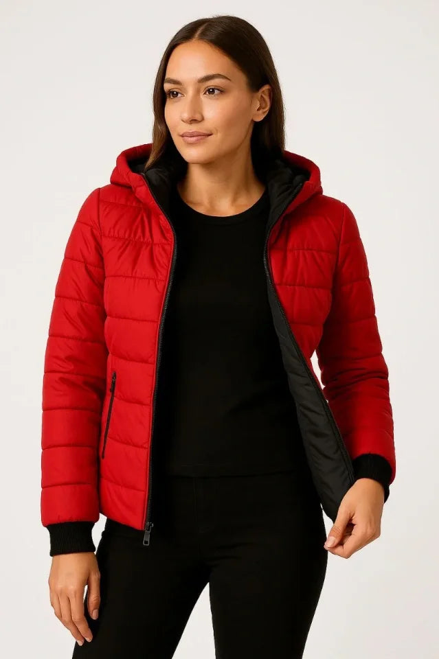 Puffer Hooded Zippered Jacket Water-Repellent Quilted Lined Fabric Pocketed Winter Relaxed Fit - Red