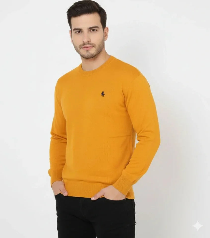 Men's Crew Neck Embroidered Knit Sweater Soft Textured Cotton Thin Weave, Long Sleeve Comfortable Regular Fit - Orange