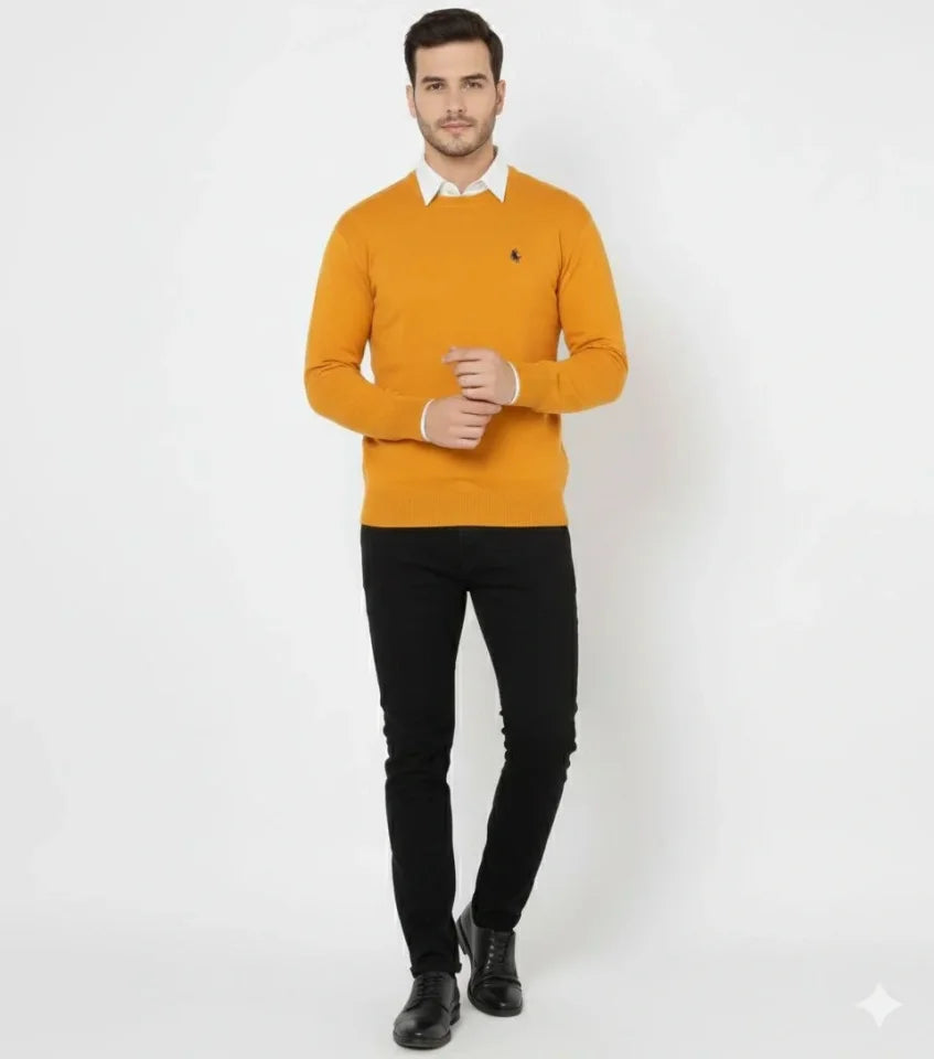 Men's Crew Neck Embroidered Knit Sweater Soft Textured Cotton Thin Weave, Long Sleeve Comfortable Regular Fit - Orange