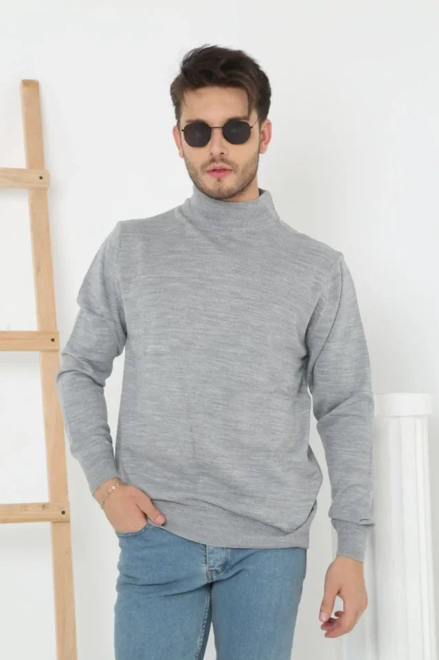 Men's Half Turtleneck Knit Sweater Soft Textured Cotton Thin Weave, Long Sleeve Comfortable Regular Fit - Gray