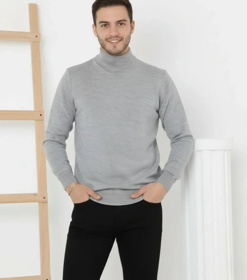 Men's Half Turtleneck Knit Sweater Soft Textured Cotton Thin Weave, Long Sleeve Comfortable Regular Fit - Gray