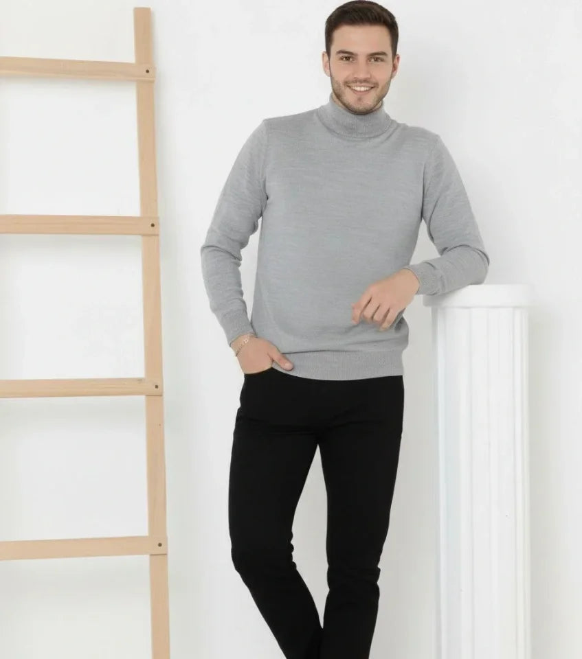 Men's Half Turtleneck Knit Sweater Soft Textured Cotton Thin Weave, Long Sleeve Comfortable Regular Fit - Gray