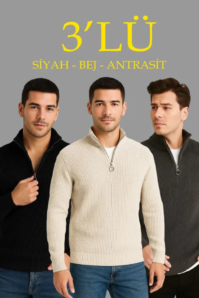 Erkek Fitilli Triko Kazak 3’lü Set – Antrasit, Siyah, Bej Kalın Dokuma Pamuklu Regular Fit V Yaka Fermuarlı Uzun Kollu Rahat Kışlık Kazak Kombini