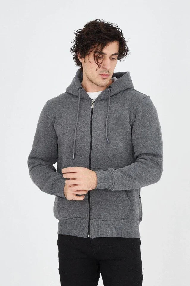 Men's Hooded Plain Zip Cardigan - Charcoal