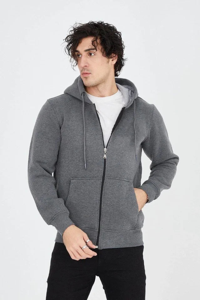 Men's Hooded Plain Zip Cardigan - Charcoal