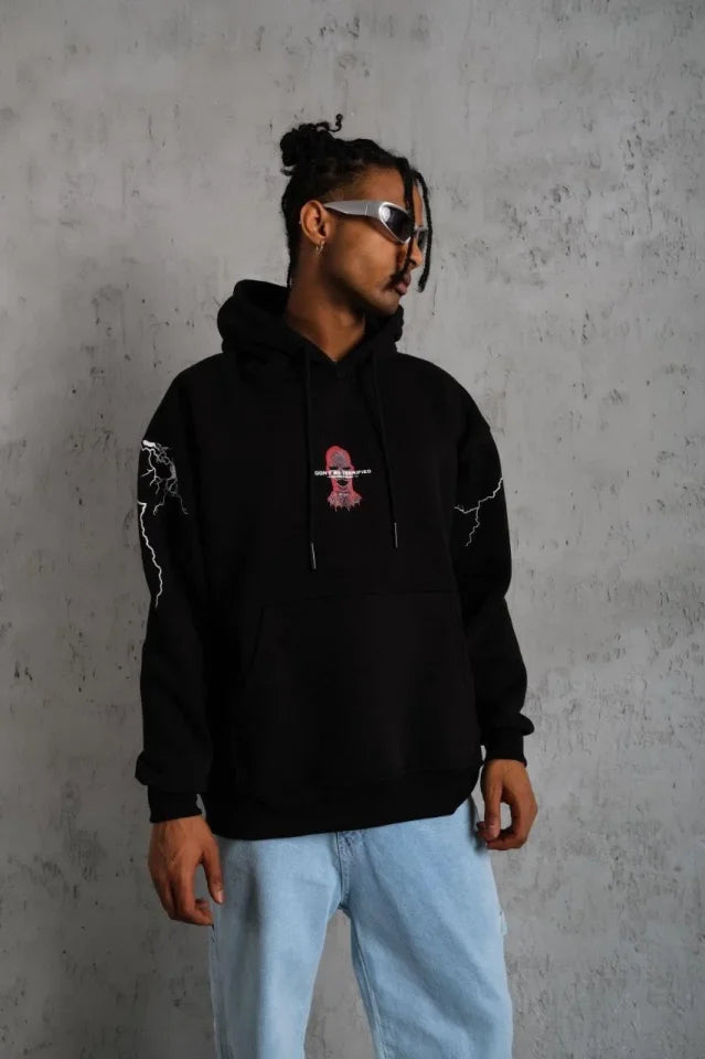 Men's Mask Printed Hooded Sweatshirt - Black