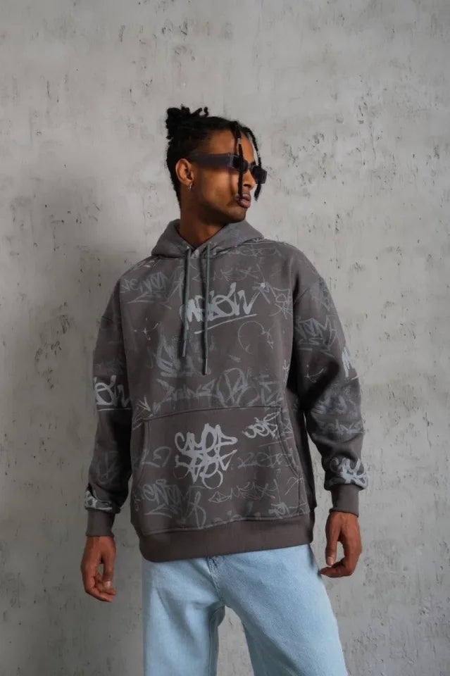 Men's Printed Hooded Sweatshirt with Ribbing - Gray