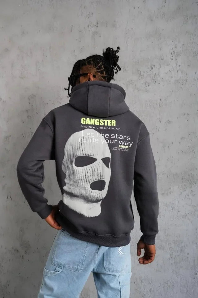 Men's Drawstring Mask Printed Hooded Sweatshirt - Gray