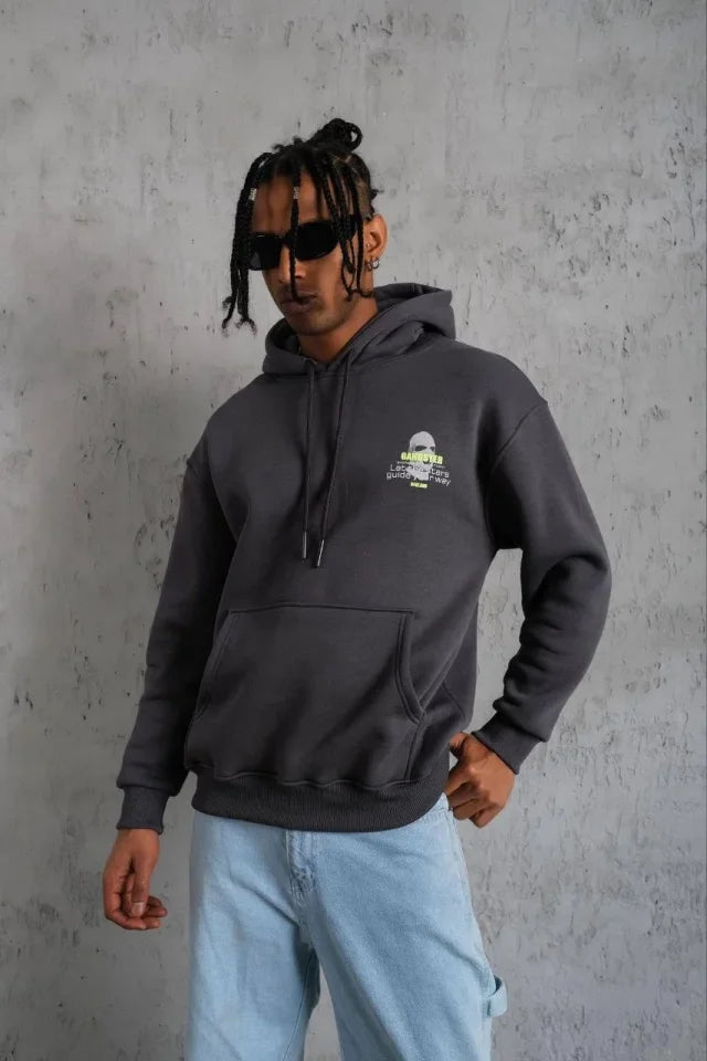 Men's Drawstring Mask Printed Hooded Sweatshirt - Gray