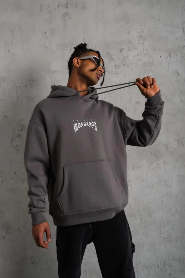 Men's Printed Hooded Sweatshirt with Kangaroo Pocket - Gray
