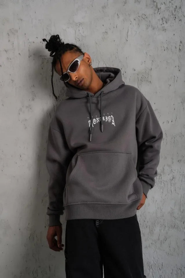 Men's Printed Hooded Sweatshirt with Kangaroo Pocket - Gray